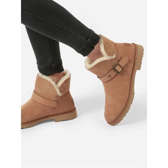 UGG Shoes - UGG Romely Short Buckle Suede Boots size 8 Tan Pull On Chestnut Sheepskin